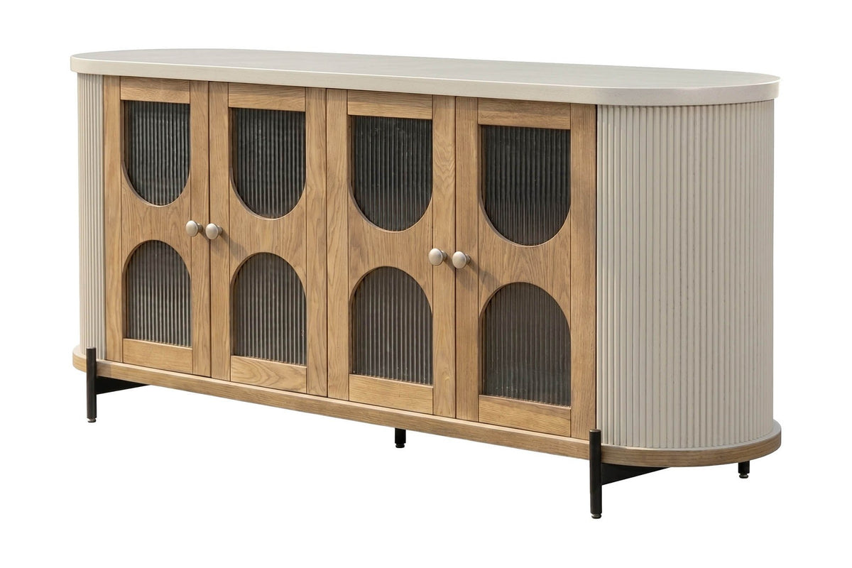 Bellamy oak and reeded glass sideboard with fluted grey ends, three-quarter view