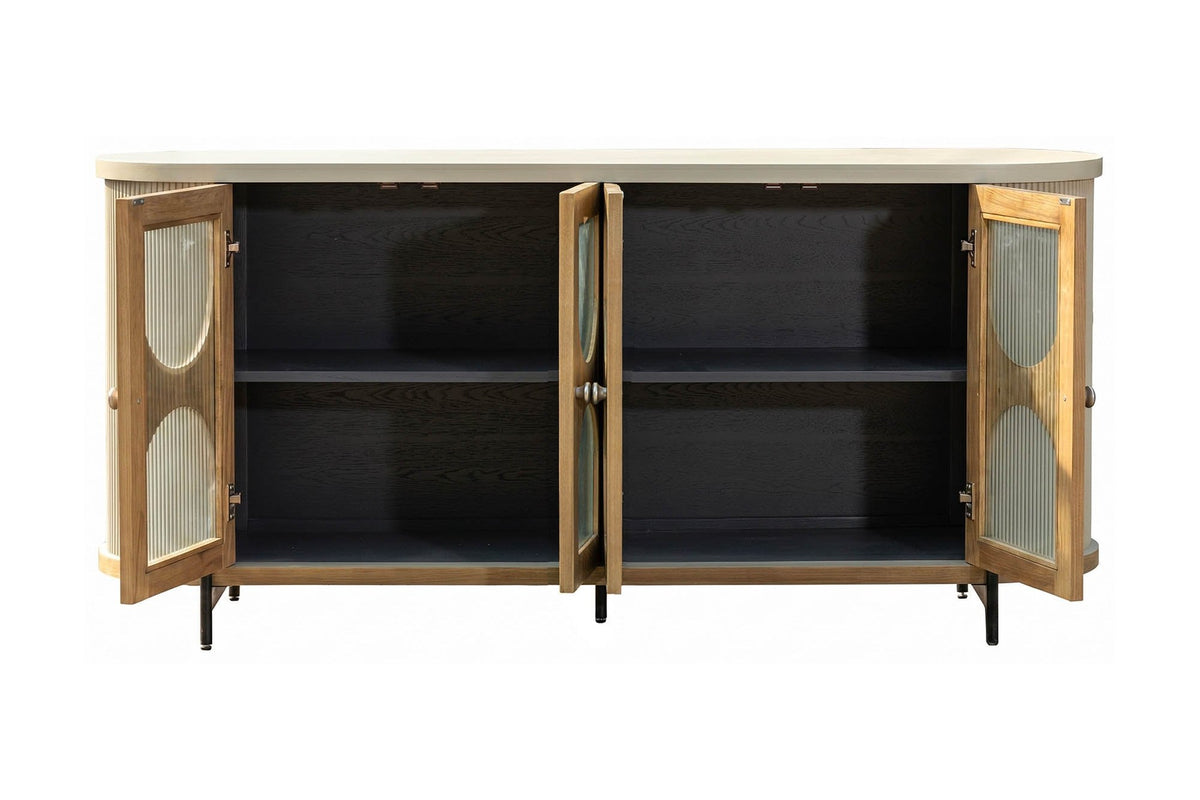 Bellamy sideboard with all four doors open, showing two sections with shelves