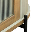 Close-up of Bellamy reeded glass, fluted grey end and black metal leg