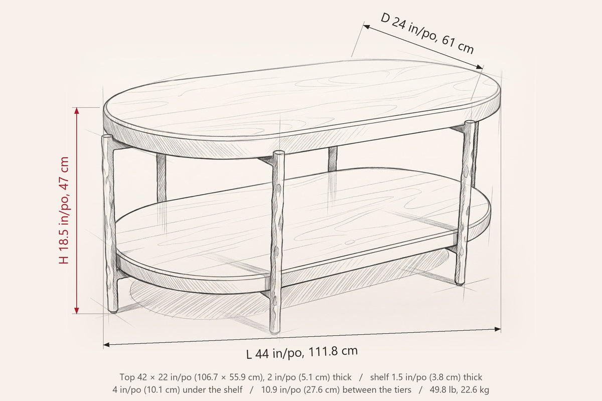 Bellano dimensions on a pencil sketch of the table: 44 in long, 24 in deep, 18.5 in high
