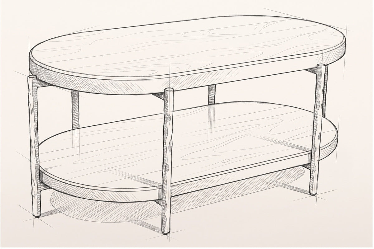 Pencil sketch of the Bellano coffee table, three-quarter view from above