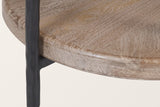 Close-up of the Bellano shelf: whitewashed mango grain, the rounded edge and a hammered iron rod with its short bar