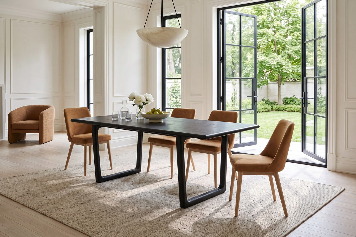 Bernalda dining table in Black in a Westmount stone house, with white panel mouldings