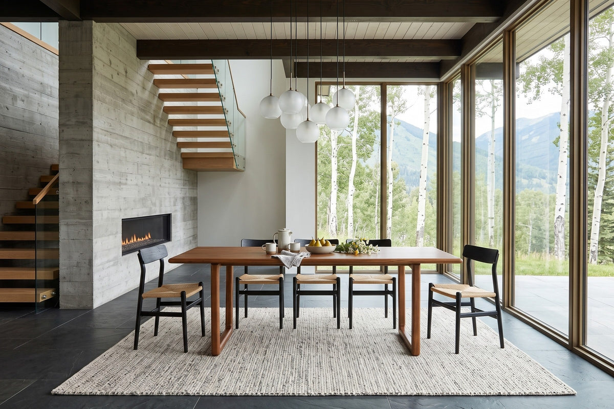 Bernalda dining table in Honey Brown in a Jasper house, with a board-formed concrete fireplace wall, a floating oak stair