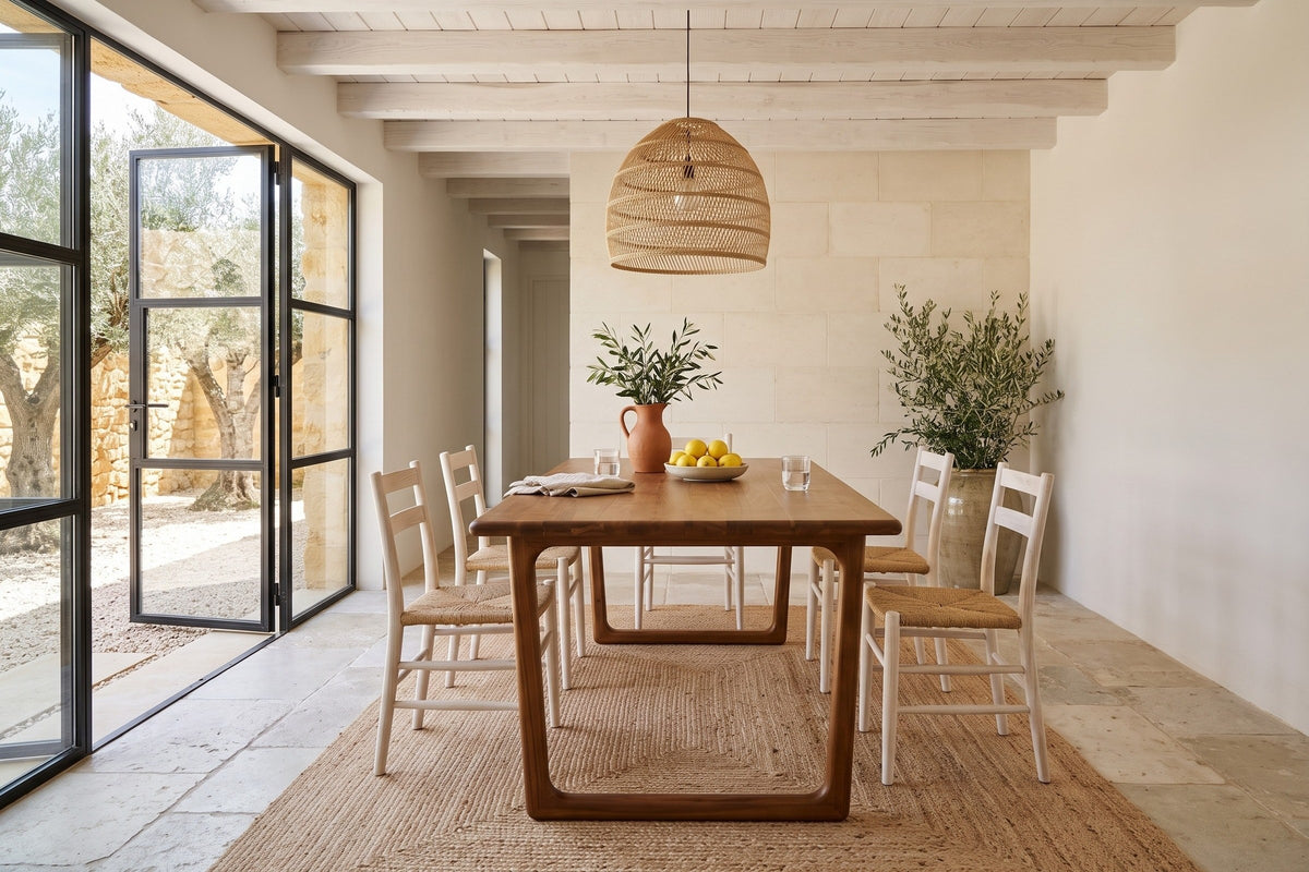 End view of the Bernalda dining table in Honey Brown in a Ronda villa, with limestone walls