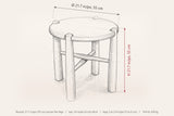Bettona dimensions on a pencil sketch of the side table: 21.7 in across the legs, 21.7 in high, top 1.6 in thick