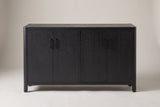 Bibbiena sideboard in black, straight front view: four doors in two pairs, four slim black pulls, rounded corner posts