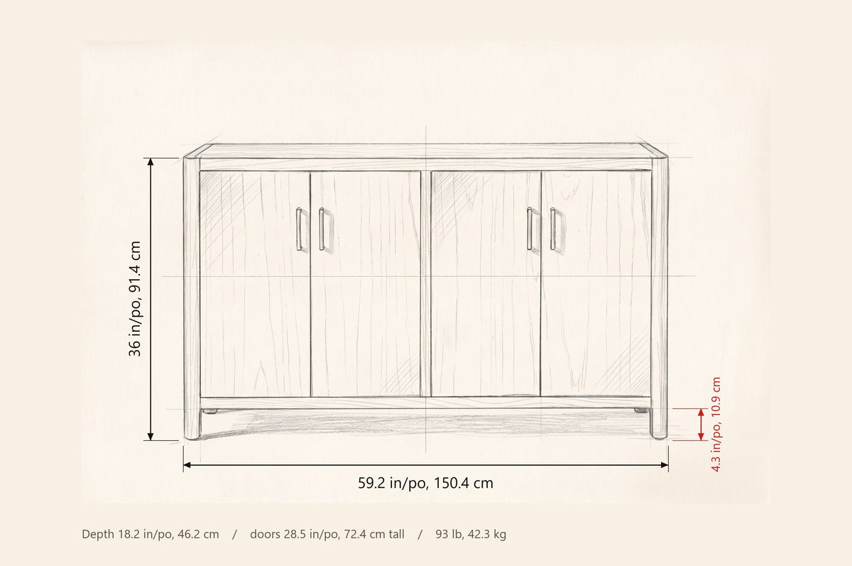 Bibbiena sideboard dimensions: 59.2 in wide, 36 in high, 18.2 in deep, 4.3 in clear under the bottom rail