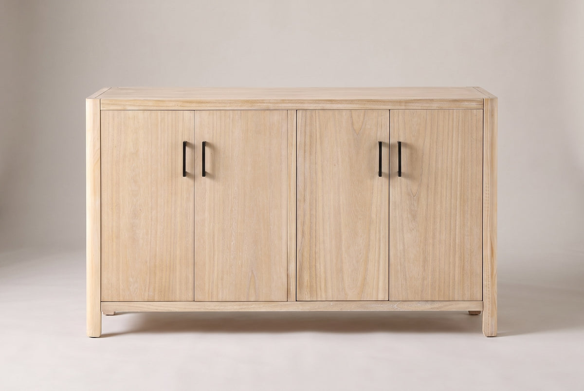 Bibbiena sideboard in Natural, straight front view: four doors in two pairs, four slim black pulls, rounded corner posts