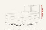 Bienno dimensions on a pencil sketch of the bed: Queen 66 in wide, King 81.5 in wide, 84 in long, headboard 51 in high