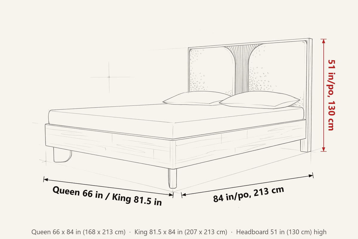 Bienno dimensions on a pencil sketch of the bed: Queen 66 in wide, King 81.5 in wide, 84 in long, headboard 51 in high