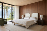 Bienno bed in Sand Wash acacia and white boucle in a bedroom in a Keats Island house on Howe Sound
