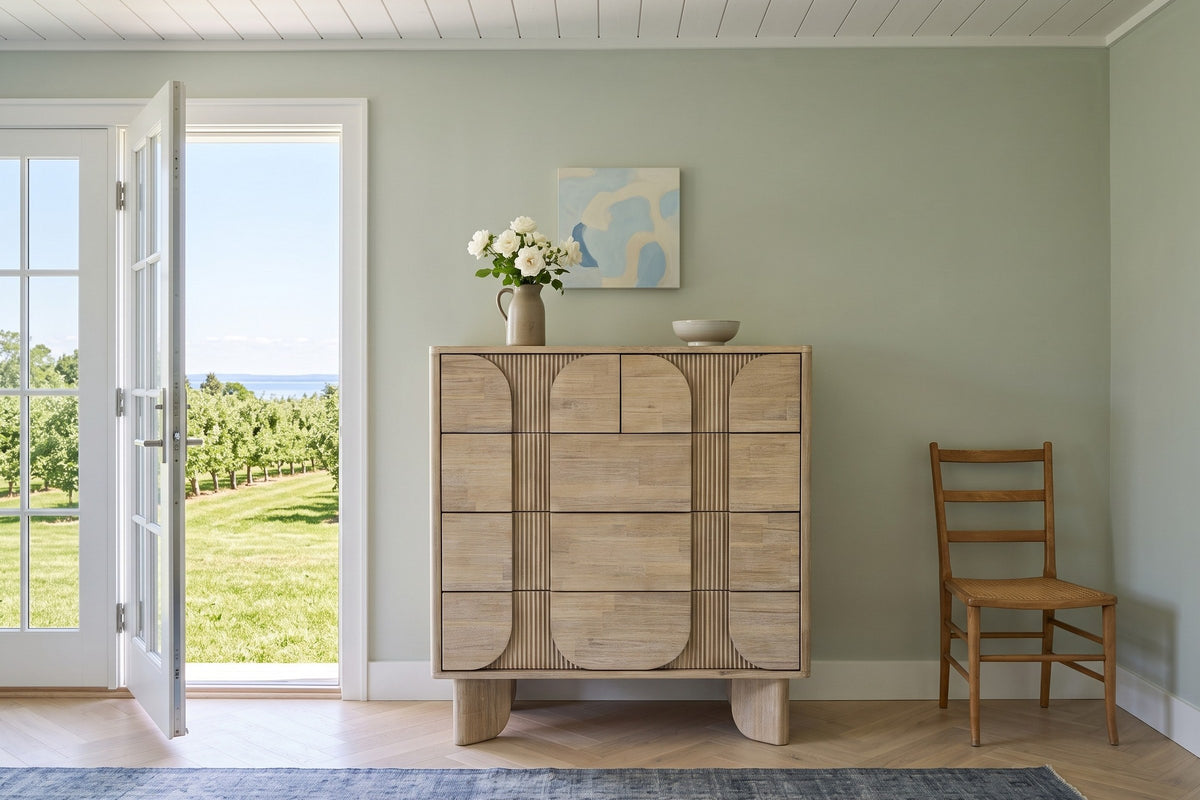 Bienno chest in Sand Wash seen straight on in a Meaford orchard house, with sage walls