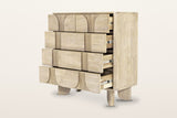 Bienno chest in Sand Wash with all five drawers pulled out on a warm white studio backdrop