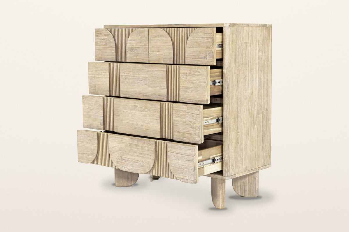 Bienno chest in Sand Wash with all five drawers pulled out on a warm white studio backdrop
