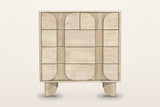 Bienno chest in Sand Wash, front view on a warm white studio backdrop: two small drawers over three full-width drawers