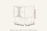 Bienno dimensions on a pencil sketch of the nightstand: 23 in wide, 17 in deep, 21 in high