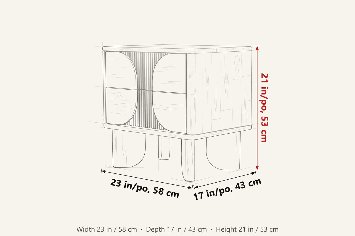 Bienno dimensions on a pencil sketch of the nightstand: 23 in wide, 17 in deep, 21 in high
