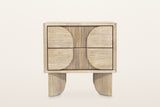 Bienno nightstand in Sand Wash, front view on a warm white studio backdrop: two half-round panels facing each other across