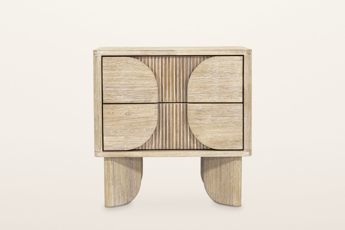 Bienno nightstand in Sand Wash, front view on a warm white studio backdrop: two half-round panels facing each other across