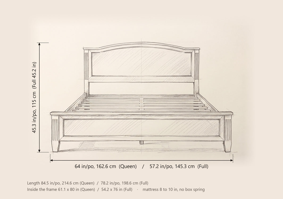 Bolsena bed dimensions: Queen 64 in wide, Full 57.2 in wide, 45.3 in high, Queen 84.5 in long, Full 78.2 in long