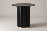 Bolzano counter height table in black, straight front view: a round ash veneer top on a fluted drum with a gold-toned ring