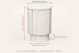 Bomarzo dimensions on a pencil sketch of the side table: 21.1 in high, 18.9 in across, base 16.3 in across and 3.9 in high
