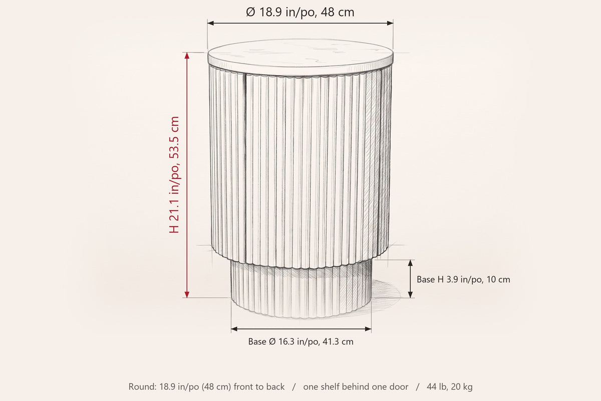 Bomarzo dimensions on a pencil sketch of the side table: 21.1 in high, 18.9 in across, base 16.3 in across and 3.9 in high