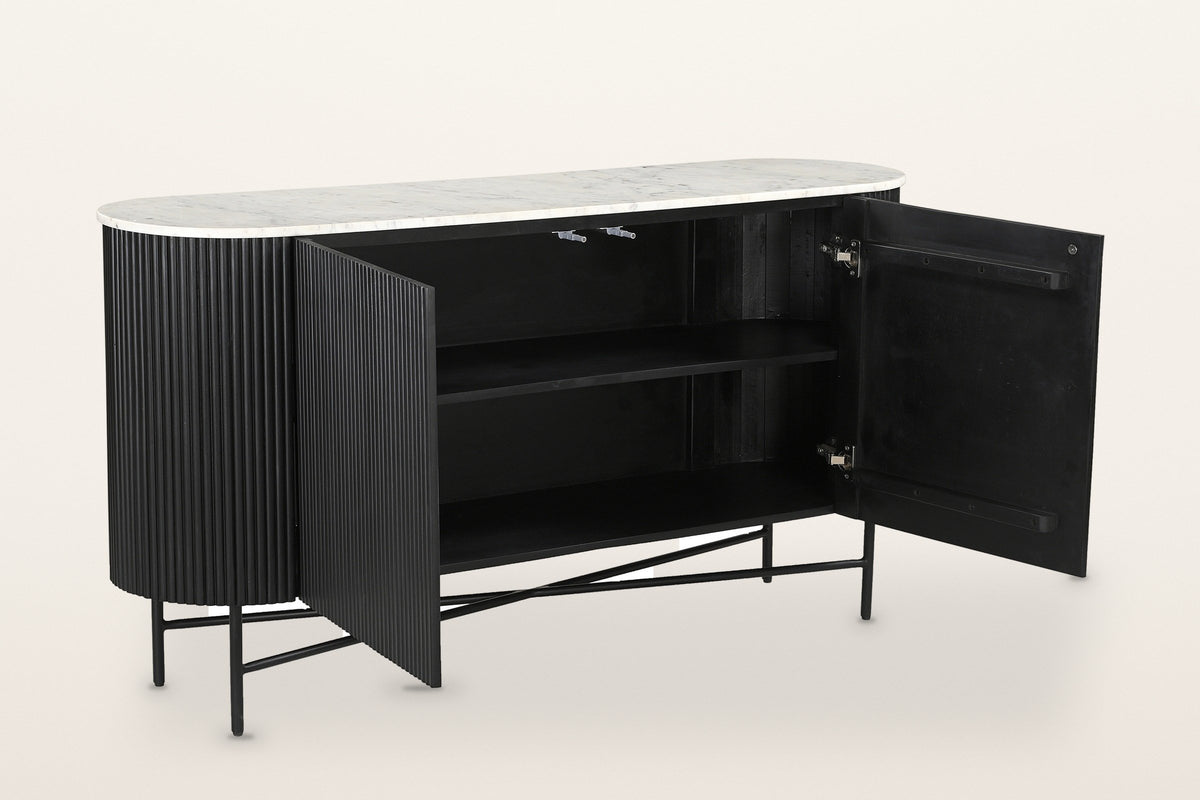 Bomarzo black sideboard with both doors open: one wide cabinet with one full-width shelf