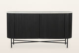 Bomarzo sideboard in black from the front: two reeded doors meeting in the middle between two rounded ends, on a slim black metal base