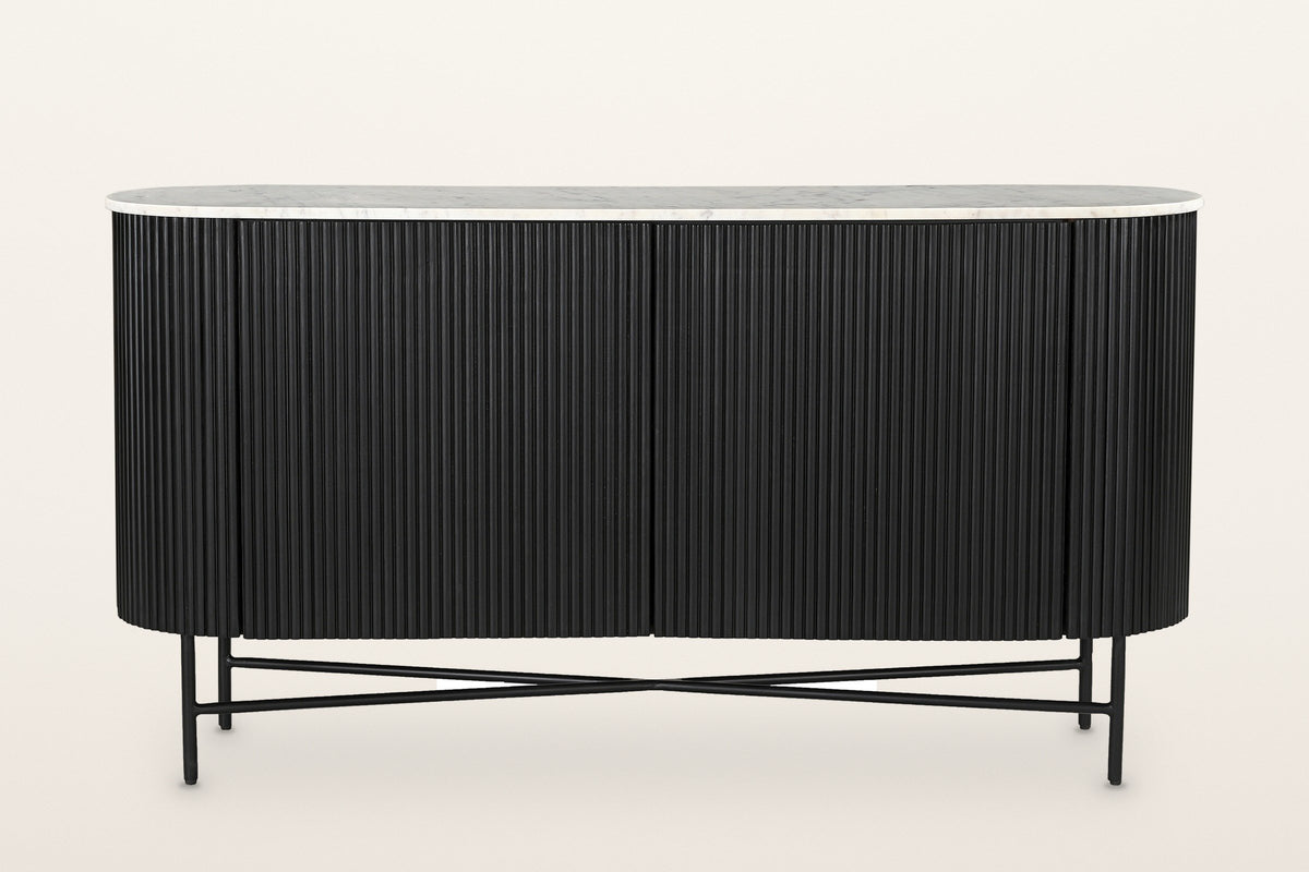 Bomarzo sideboard in black from the front: two reeded doors meeting in the middle between two rounded ends, on a slim black metal base