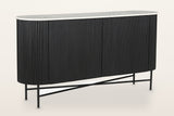 Bomarzo oval sideboard in black: reeded mango wood in a matte black finish, a white marble top and a black metal base, three-quarter view on a warm white studio backdrop