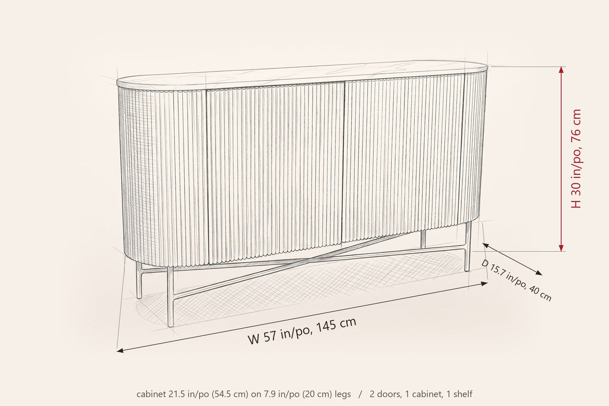 Bomarzo sideboard dimensions: 57 in wide, 15.7 in deep, 30 in high