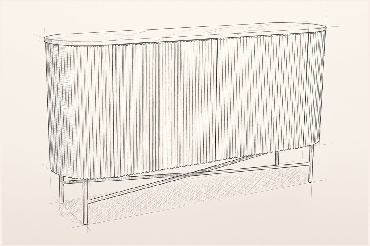 Pencil sketch of the Bomarzo sideboard, three-quarter view