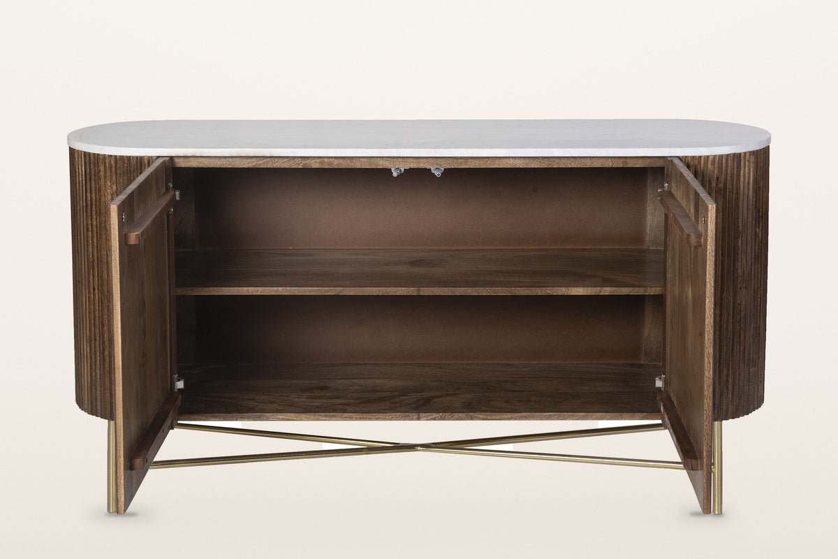 Bomarzo walnut sideboard with both doors open: one wide cabinet with one full-width shelf