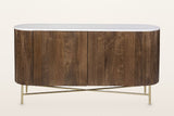 Bomarzo sideboard in walnut from the front: two reeded doors meeting in the middle between two rounded ends, on a slim aged gold base