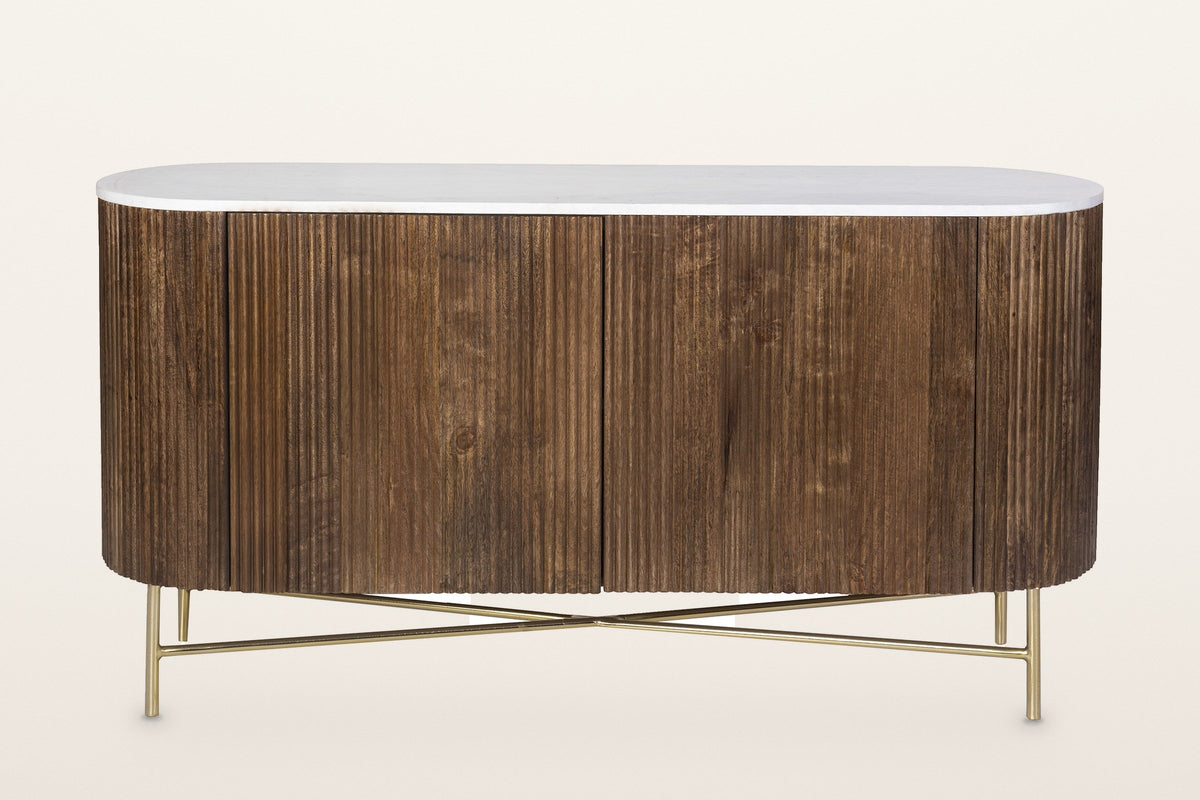 Bomarzo sideboard in walnut from the front: two reeded doors meeting in the middle between two rounded ends, on a slim aged gold base