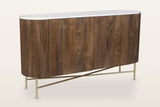 Bomarzo oval sideboard in walnut: reeded solid mango wood, a white marble top and an aged gold base, three-quarter view on a warm white studio backdrop