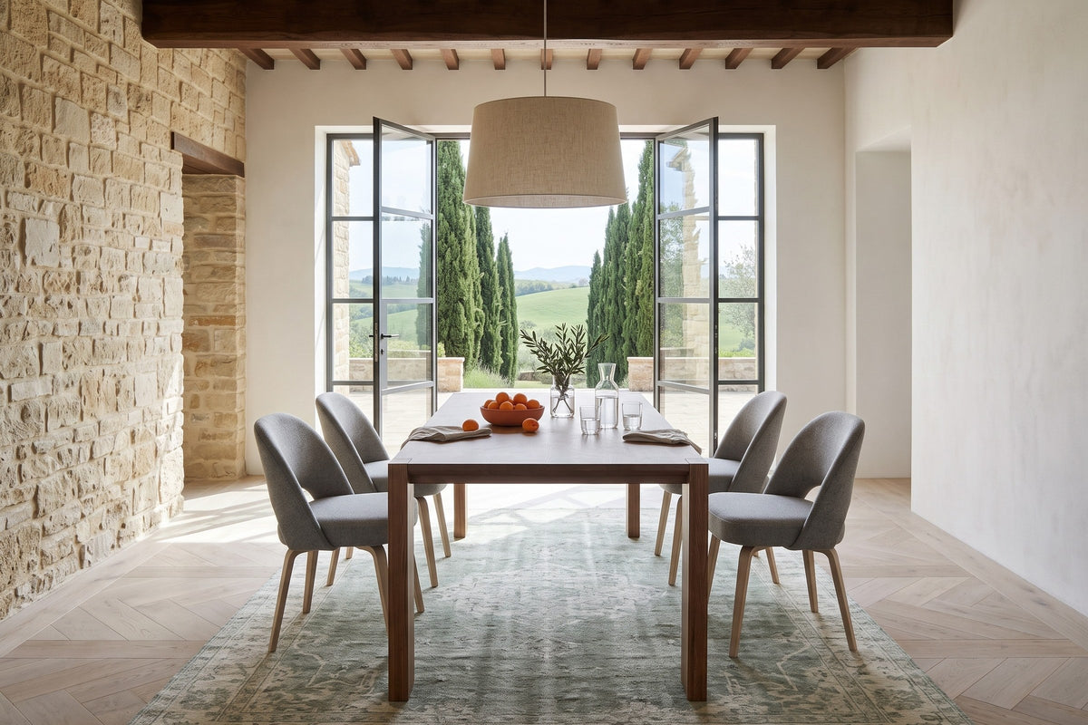 End view of the Bominaco dining table in Brown in a stone farmhouse, glass doors open to a terrace and a cypress lane
