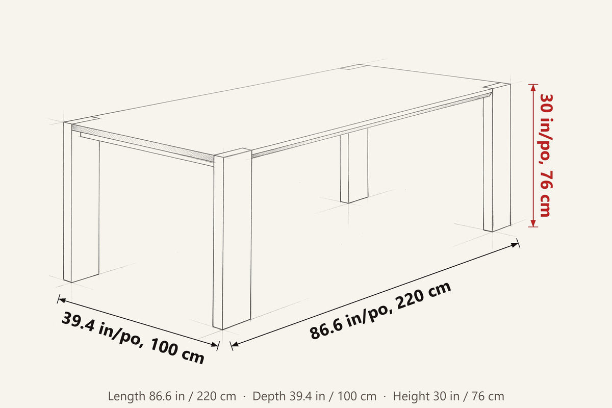 Bominaco dimensions on a pencil sketch of the table: 86.6 in long, 39.4 in deep, 30 in high
