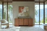 Bominaco sideboard in Brown, front view, against greige Venetian plaster in an Anmore forest house above Indian Arm