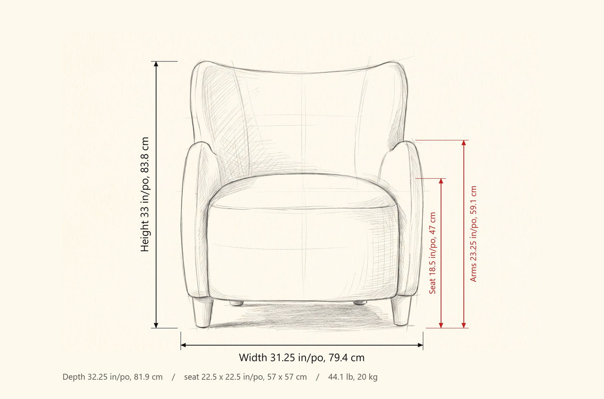 Bormio chair dimensions: 31.25 in wide, 32.25 in deep, 33 in high, seat 18.5 in high, arms 23.25 in high