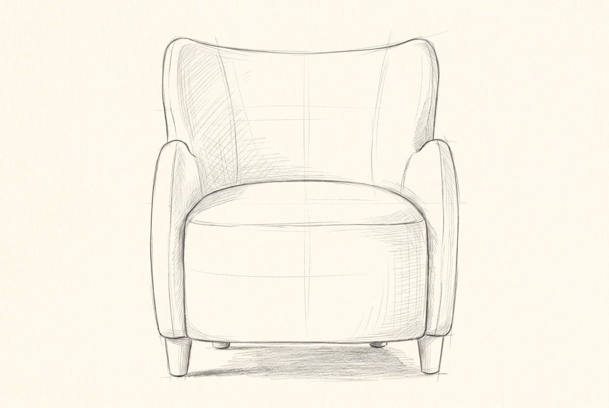 Pencil drawing of the Bormio wingback chair traced from the front view