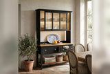 Bramwell black hutch and sideboard in a dining room with plates behind the glass doors