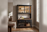 Bramwell black hutch and sideboard styled with ceramics beside a window