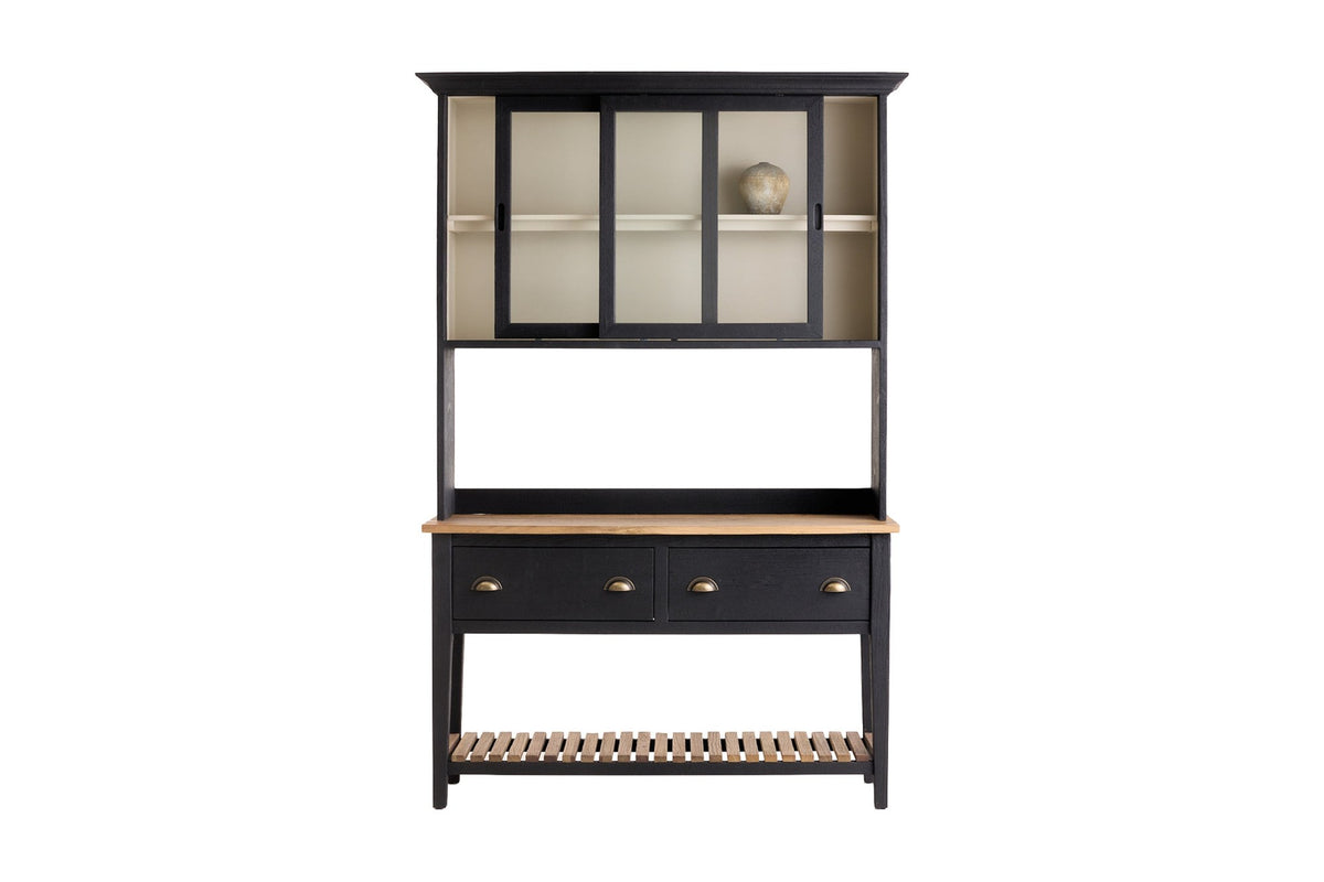 Bramwell wood hutch and sideboard, front view with sliding glass doors and two drawers