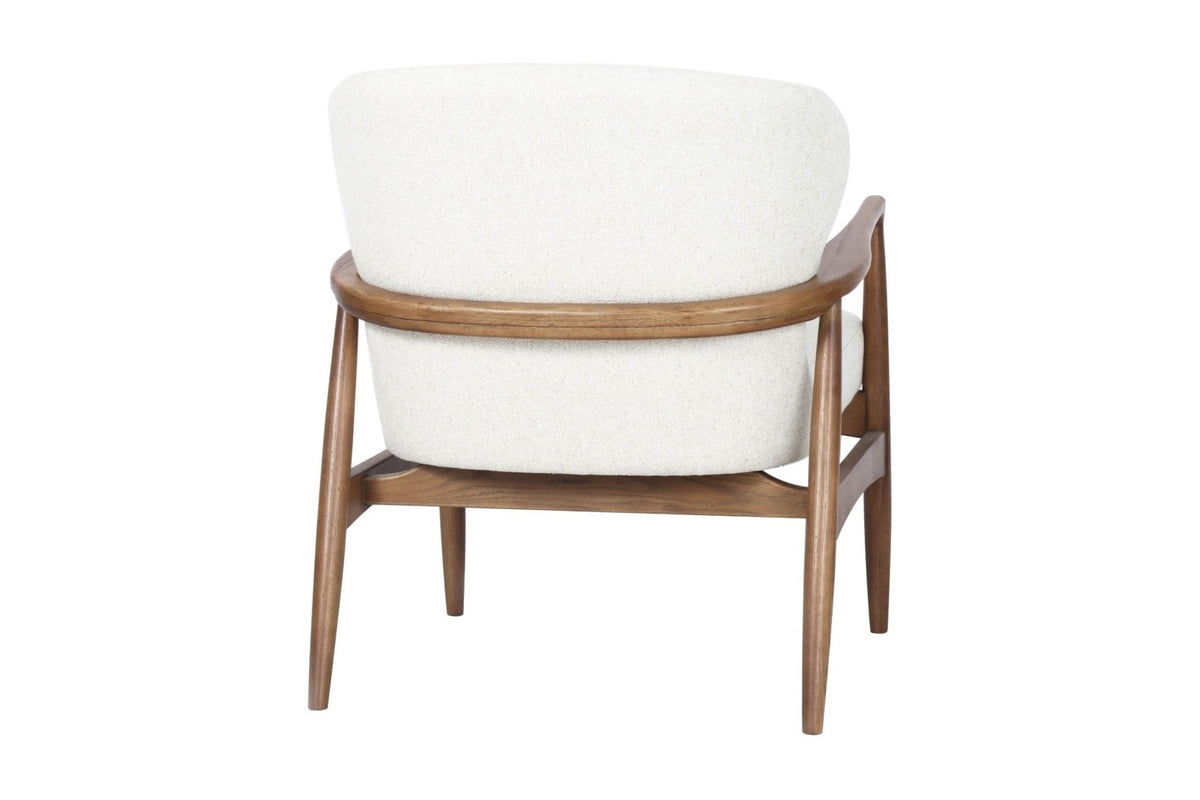 Briar accent chair in Snow, back view with the ash rail wrapping the back