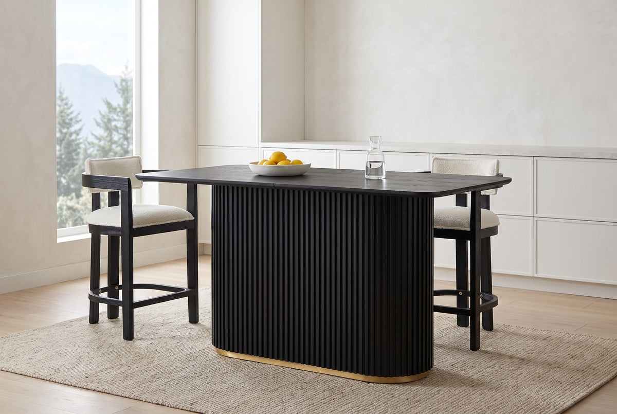 Brugnato counter table in black in a bright Vancouver kitchen with two black counter stools