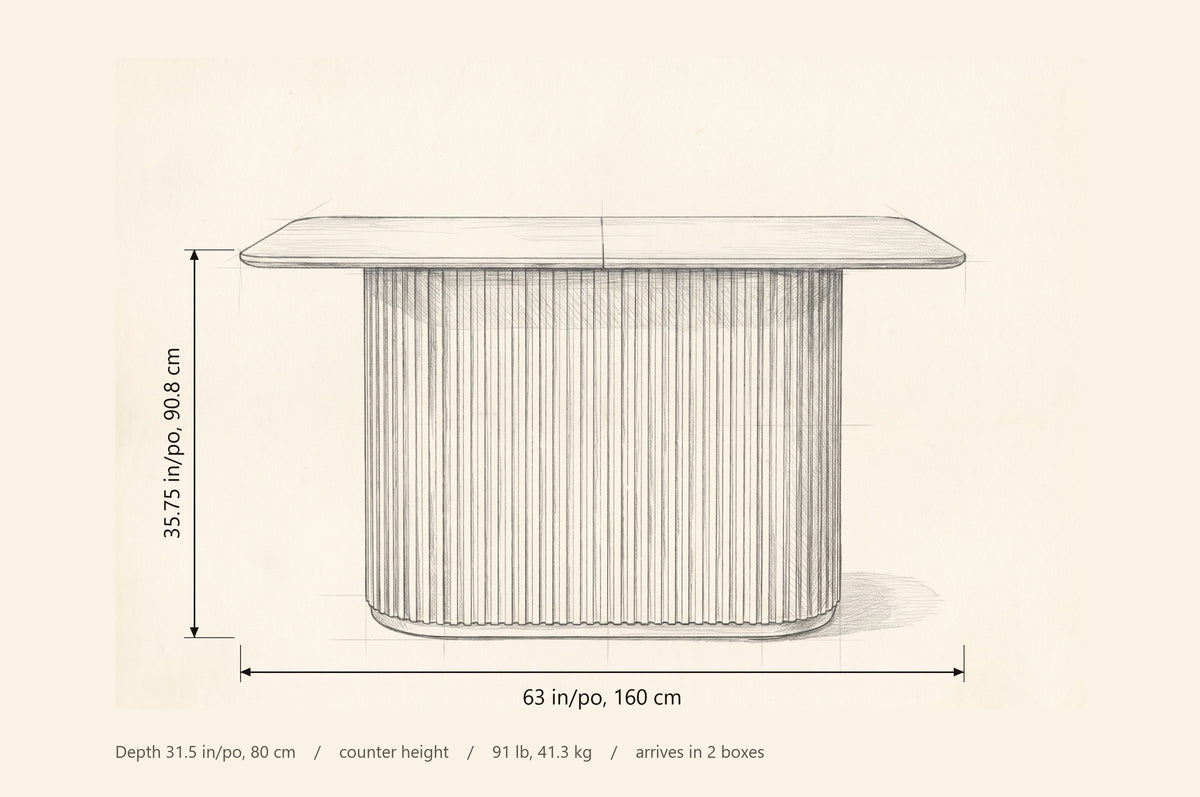Brugnato dimensions: 63 in long, 31.5 in deep, 35.75 in high, counter height