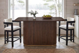 Brugnato counter table in walnut in a Muskoka cottage kitchen in front of a lake window, two counter stools at the ends